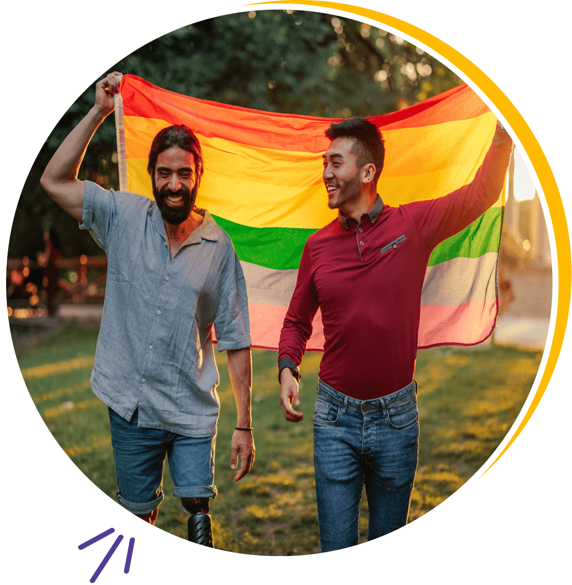 Two men holding a rainbow flag.