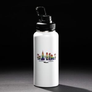 White water bottle with colorful city skyline illustration.