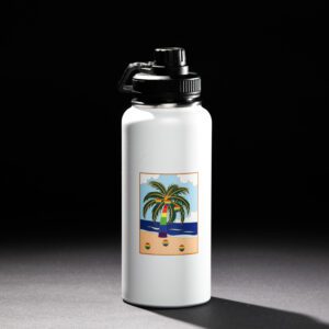White water bottle with a tropical beach design under studio lighting.