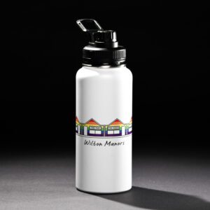 White water bottle with colorful geometric design and 'Hello Master' text.