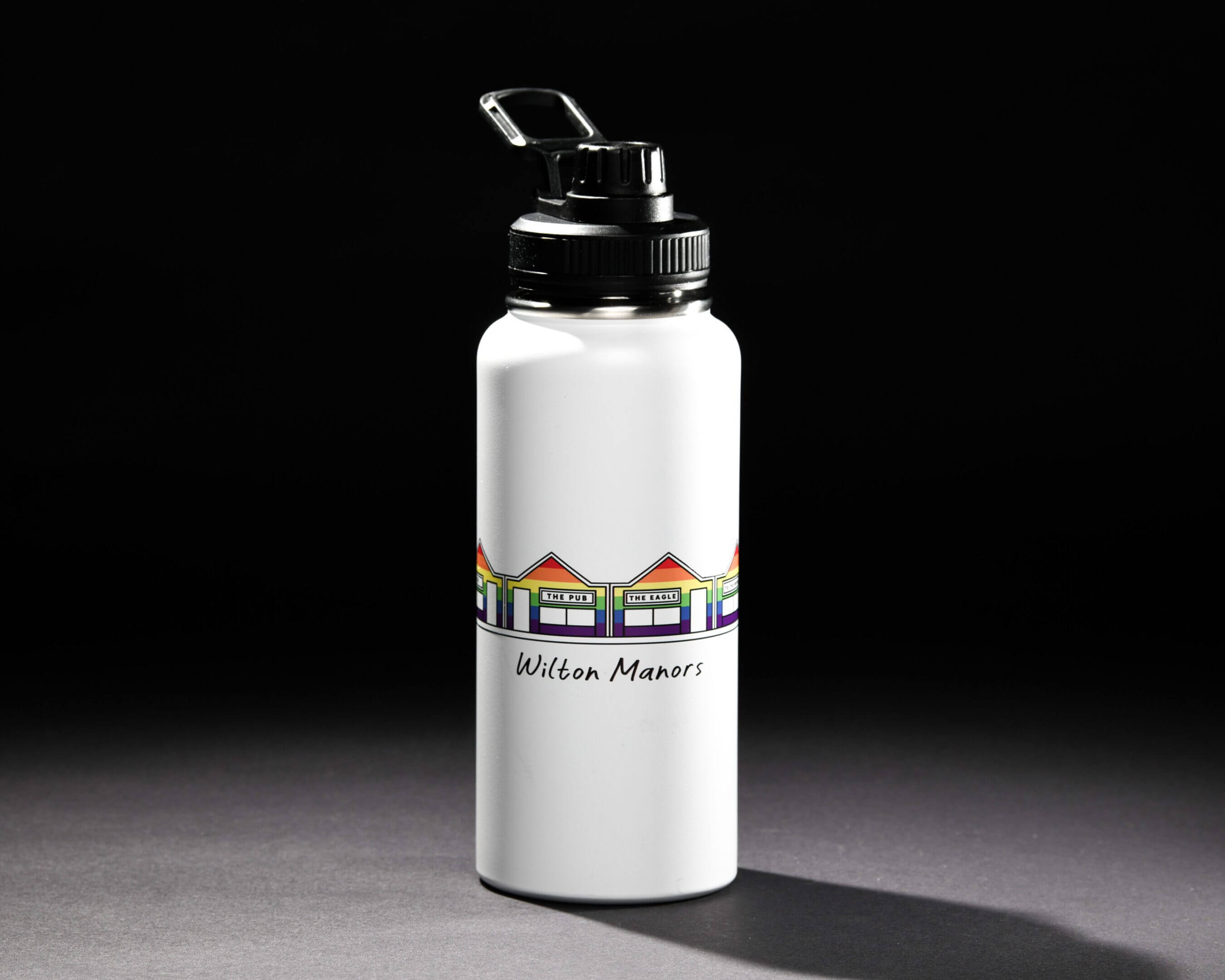 White water bottle with colorful geometric design and 'Hello Master' text.