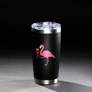 Black tumbler with a pink flamingo holding a cocktail glass design.