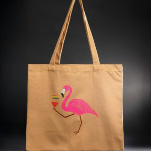 Brown tote bag with a pink flamingo design.