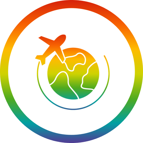Airplane flying around the globe in a colorful circular frame.