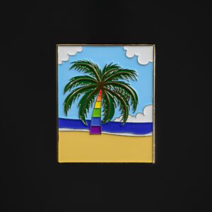 Colorful palm tree on beach pin design.