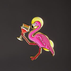 Pink flamingo holding a cocktail glass.