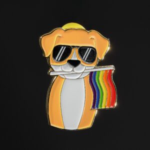 Cartoon dog with sunglasses and rainbow flag.