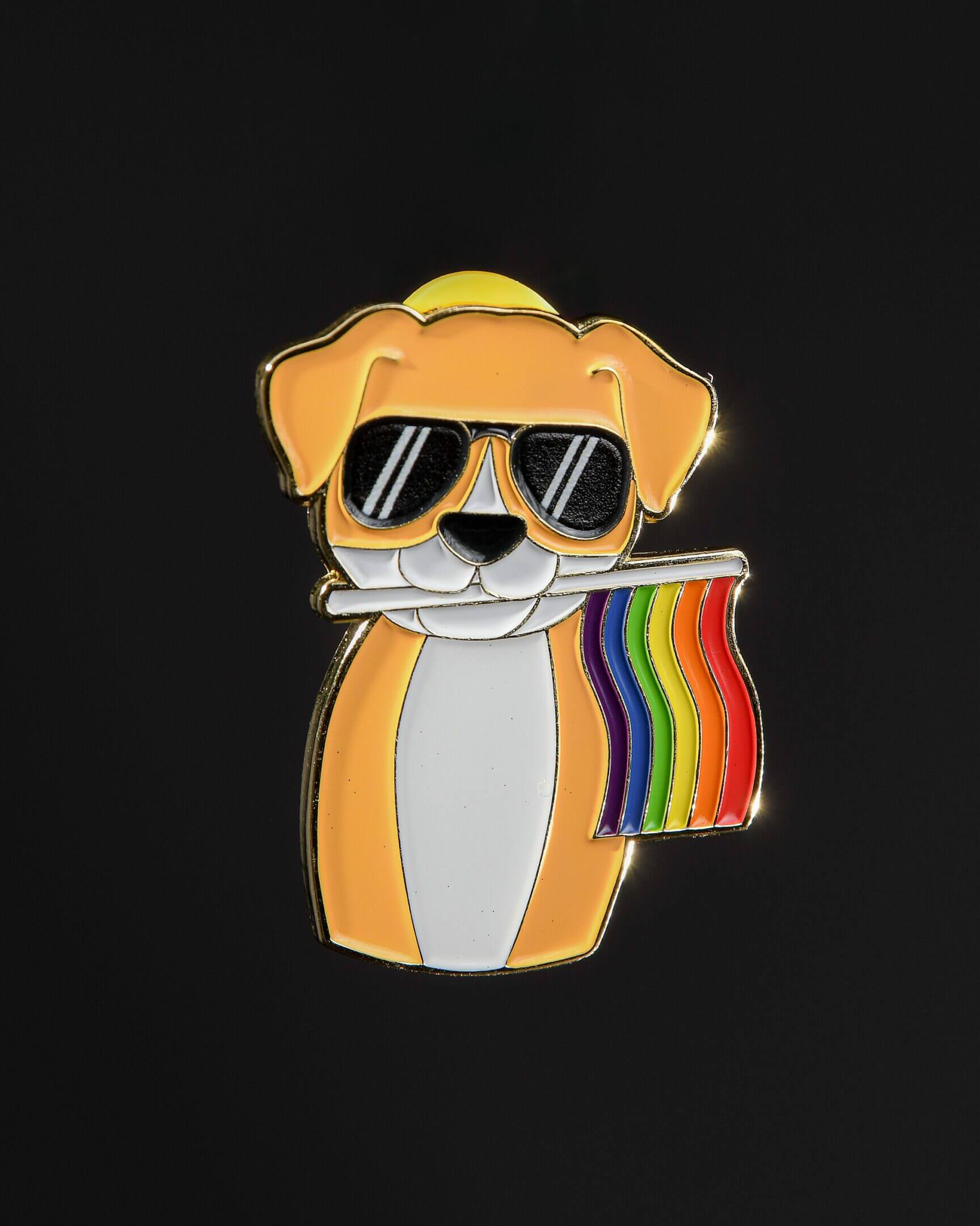 Cartoon dog with sunglasses and rainbow flag.