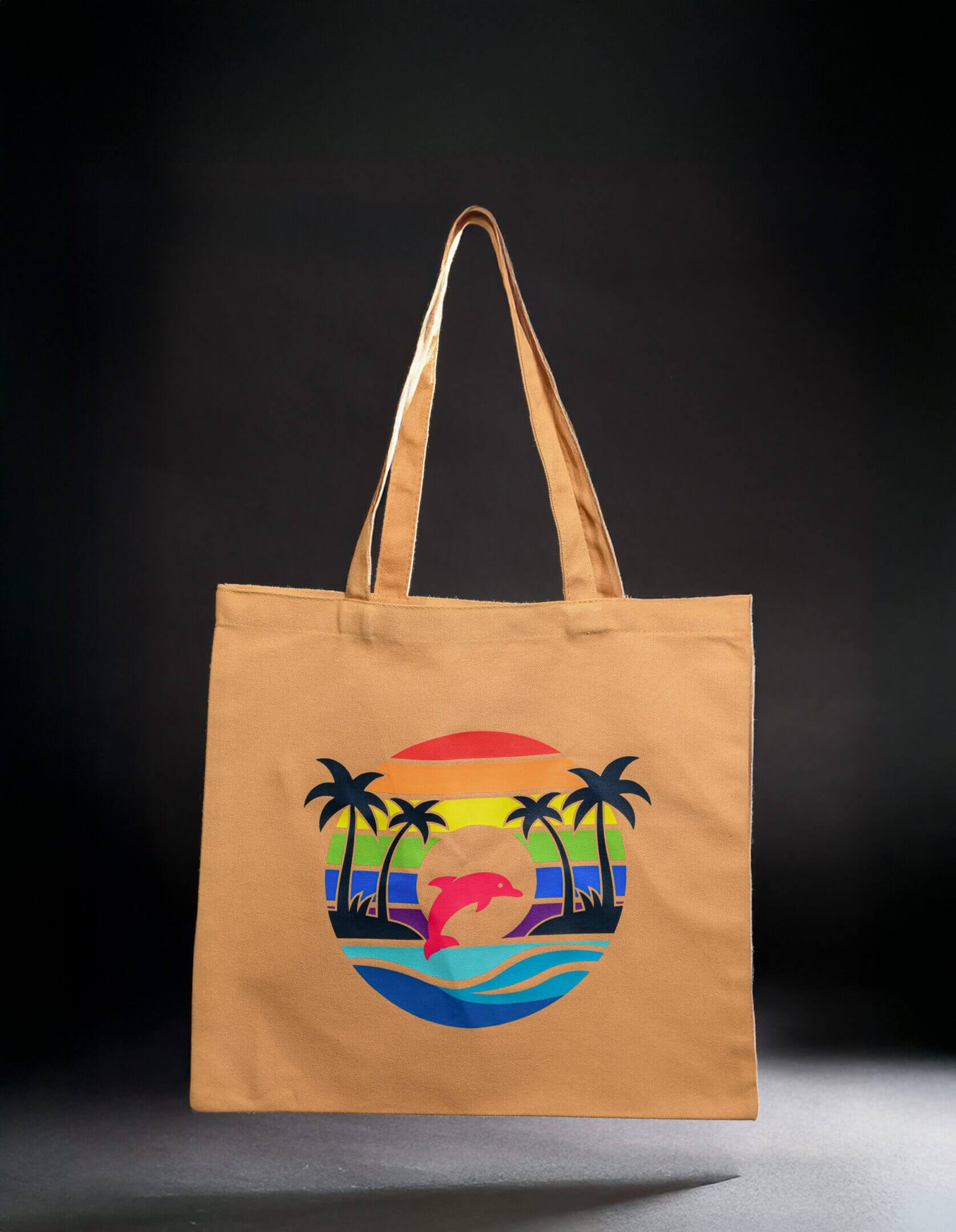 Tote bag with tropical dolphin design.