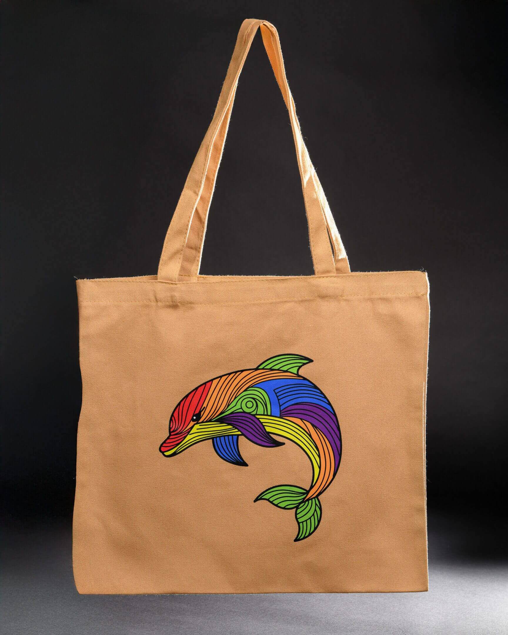Beige tote bag with colorful dolphin design.