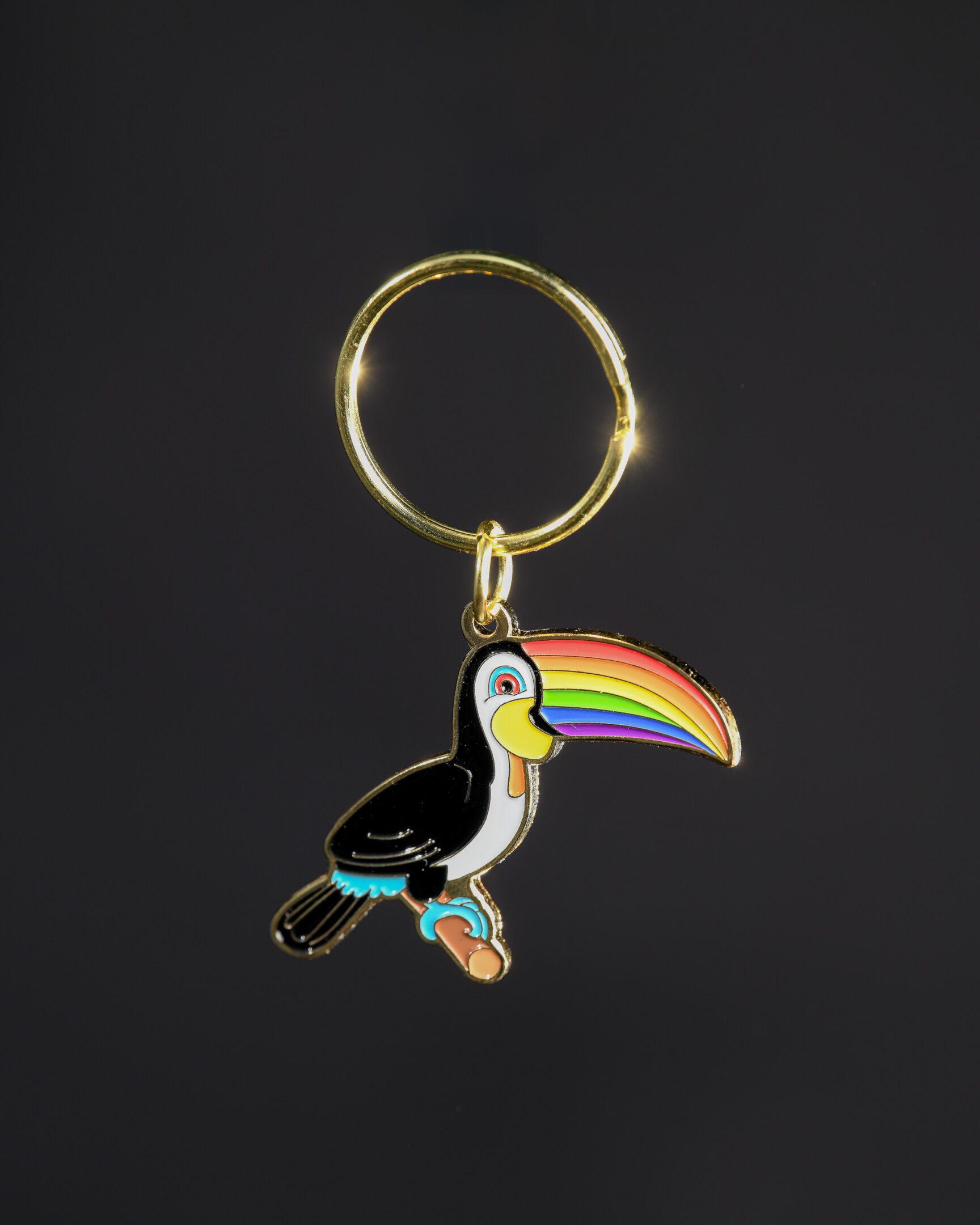 Toucan keychain with rainbow beak design.