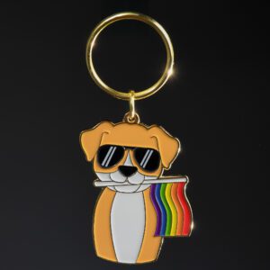 Dog keychain with sunglasses and rainbow flag.