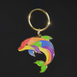 Colorful dolphin keychain on black background.