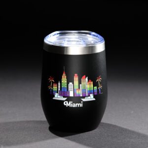 Black Miami-themed tumbler with colorful city skyline design.