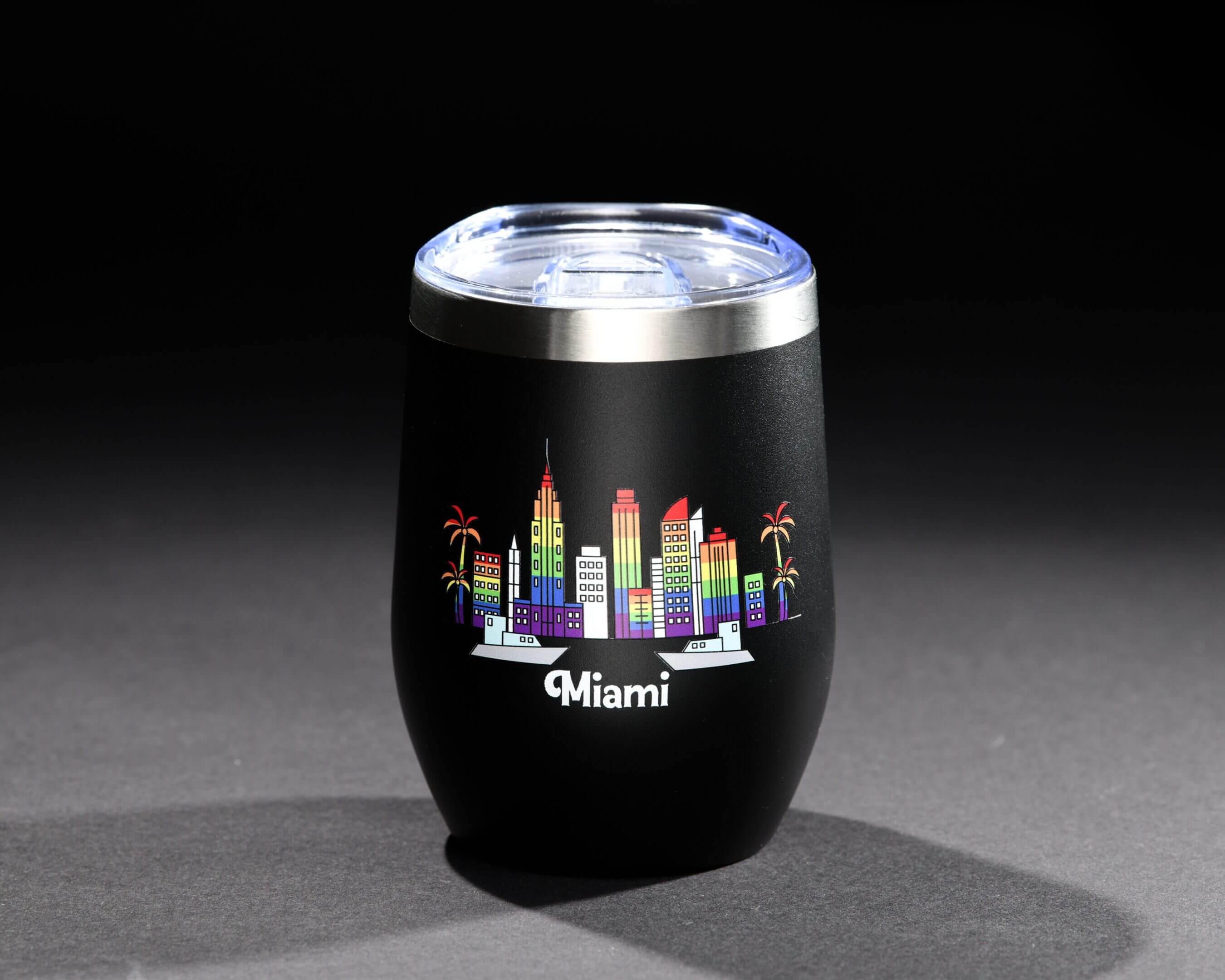 Black Miami-themed tumbler with colorful city skyline design.