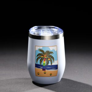 Stainless steel tumbler with a colorful beach scene design.