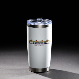 A white insulated tumbler with a mountain-themed logo on a dark background.