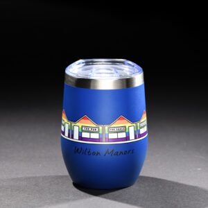 A vibrant blue decorative vase with colorful geometric patterns around its center.