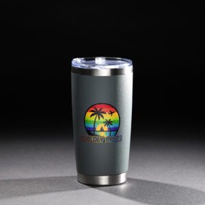 Stainless steel tumbler with a colorful tropical beach design on a black background.