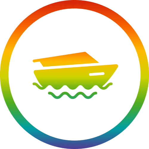 Colorful circular logo with a boat icon on water waves.
