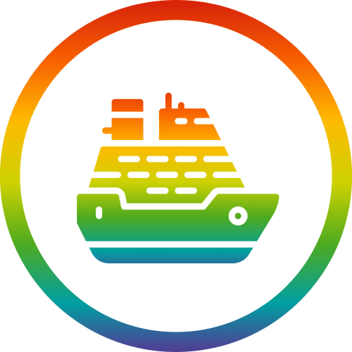 Colorful ship icon within a rainbow circular border.